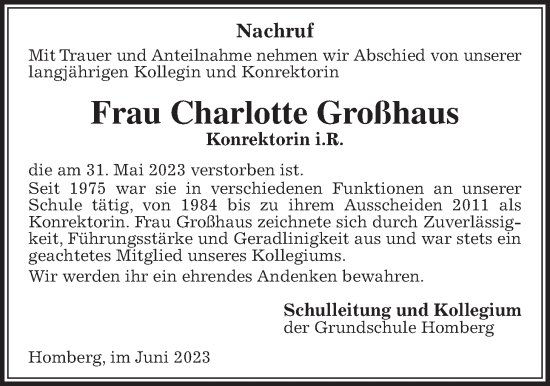 Traueranzeige von Charlotte Großhaus von Giessener Allgemeine, Alsfelder Allgemeine