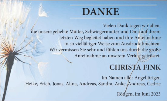 Traueranzeige von Christa Fink von Giessener Anzeiger, Giessener Allgemeine, Alsfelder Allgemeine