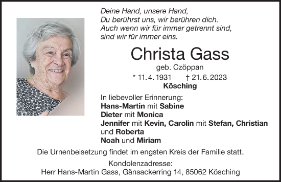 Traueranzeige von Christa Gass von Giessener Allgemeine, Alsfelder Allgemeine