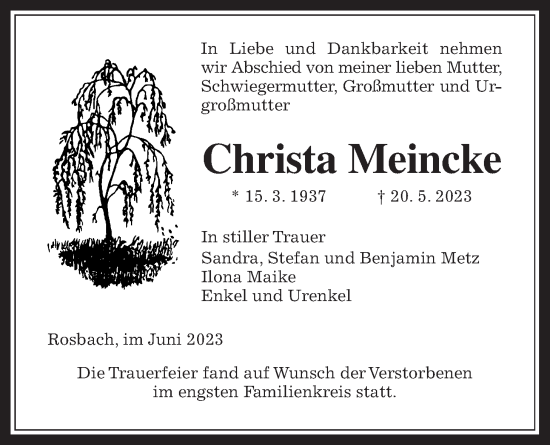 Traueranzeige von Christa Meincke von Wetterauer Zeitung