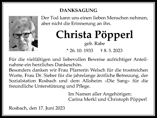 Traueranzeige von Christa Pöpperl von Wetterauer Zeitung
