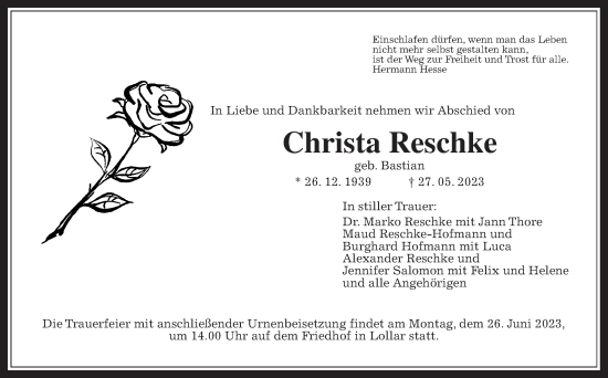Traueranzeige von Christa Reschke von Giessener Allgemeine, Alsfelder Allgemeine