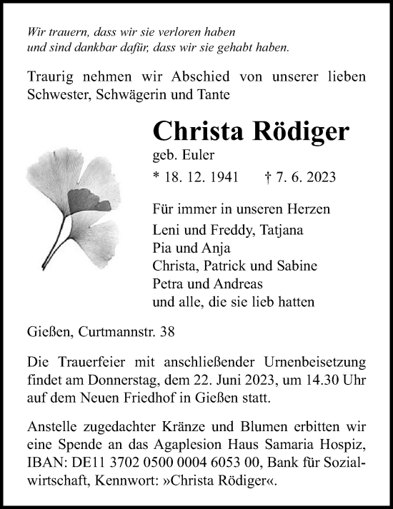 Traueranzeige von Christa Rödiger von Giessener Allgemeine, Alsfelder Allgemeine, Giessener Anzeiger
