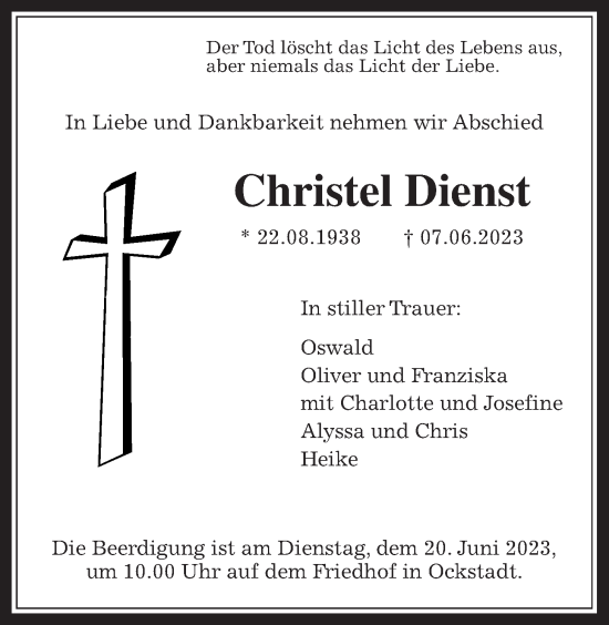 Traueranzeige von Christel Dienst von Wetterauer Zeitung