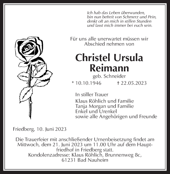 Traueranzeige von Christel Ursula Reimann von Wetterauer Zeitung
