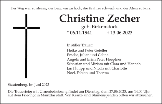 Traueranzeige von Christine Zecher von Giessener Anzeiger, Giessener Allgemeine, Alsfelder Allgemeine