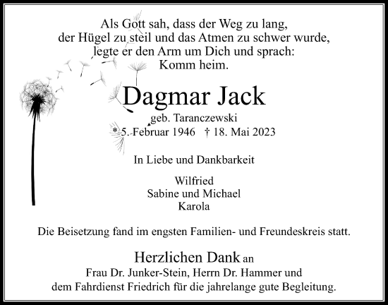 Traueranzeige von Dagmar Jack 