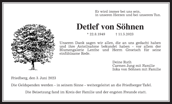 Traueranzeige von Detlef von Söhnen von Wetterauer Zeitung
