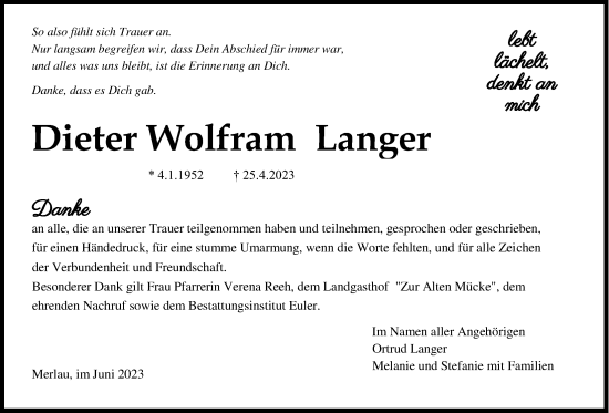 Traueranzeige von Dieter Wolfram Langer von Alsfelder Allgemeine
