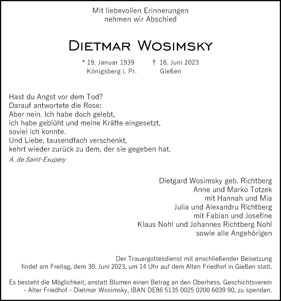 Traueranzeige von Dietmar Wosimsky von Giessener Anzeiger, Giessener Allgemeine, Alsfelder Allgemeine