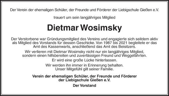 Traueranzeige von Dietmar Wosimsky von Giessener Allgemeine, Alsfelder Allgemeine