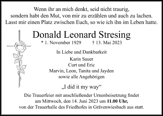 Traueranzeige von Donald Leonard Stresing von Usinger Anzeiger