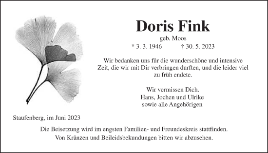 Traueranzeige von Doris Fink von Giessener Anzeiger, Giessener Allgemeine, Alsfelder Allgemeine