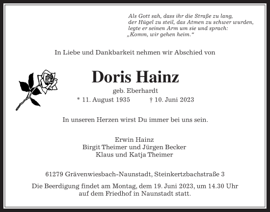 Traueranzeige von Doris Hainz von Usinger Anzeiger