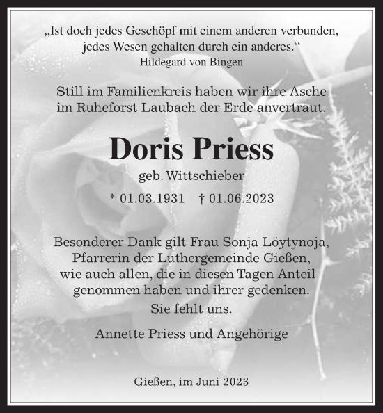 Traueranzeige von Doris Priess von Giessener Allgemeine, Alsfelder Allgemeine