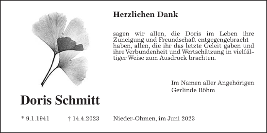Traueranzeige von Doris Schmitt von Giessener Allgemeine, Alsfelder Allgemeine