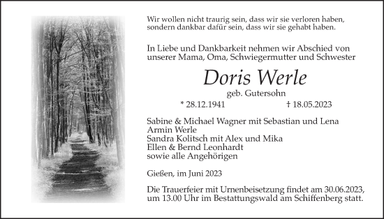 Traueranzeige von Doris Werle von Giessener Anzeiger, Giessener Allgemeine, Alsfelder Allgemeine