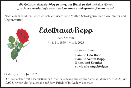 Traueranzeige von Edeltraud Bopp von Kreis-Anzeiger