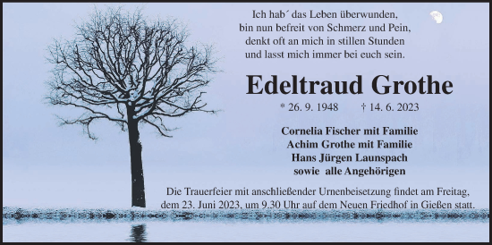 Traueranzeige von Edeltraud Grothe von Giessener Allgemeine, Alsfelder Allgemeine