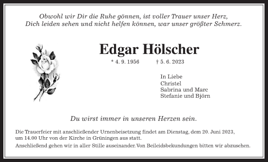Traueranzeige von Edgar Hölscher von Giessener Allgemeine, Giessener Anzeiger, Alsfelder Allgemeine