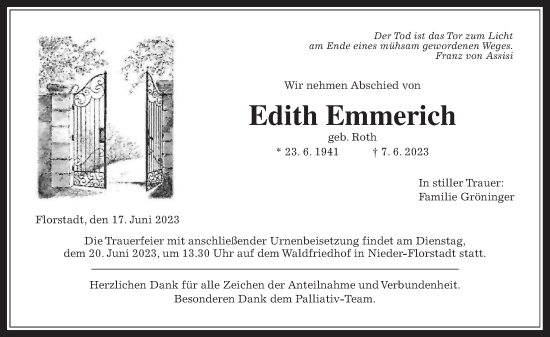 Traueranzeige von Edith Emmerich von Wetterauer Zeitung