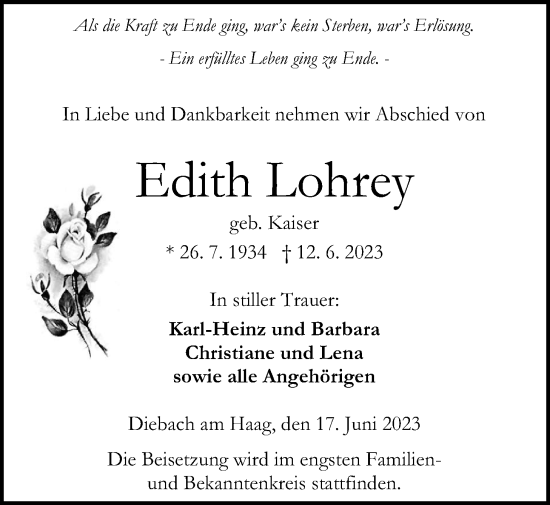 Traueranzeige von Edith Lohrey von Kreis-Anzeiger