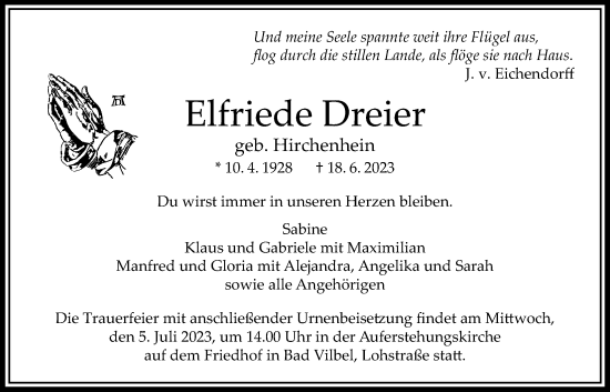 Traueranzeige von Elfriede Dreier von Bad Vilbel/Karben