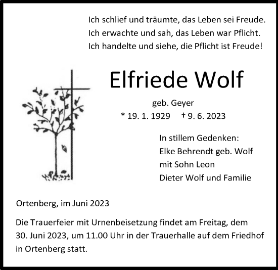 Traueranzeige von Elfriede Wolf von Kreis-Anzeiger