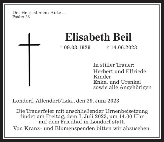 Traueranzeige von Elisabeth Beil von Rabenauer Zeitung