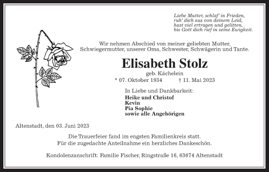 Traueranzeige von Elisabeth Stolz von Kreis-Anzeiger
