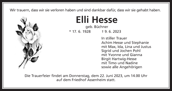 Traueranzeige von Elli Hesse von Wetterauer Zeitung