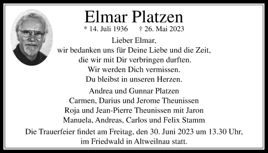 Traueranzeige von Elmar Platzen von Usinger Anzeiger