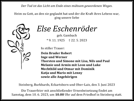 Traueranzeige von Else Eschenröder von Kreis-Anzeiger