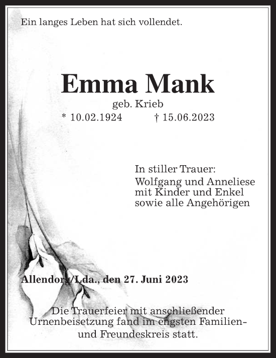 Traueranzeige von Emma Mank von Giessener Allgemeine, Alsfelder Allgemeine
