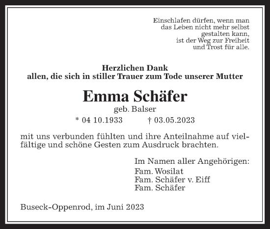 Traueranzeige von Emma Schäfer von Giessener Allgemeine, Alsfelder Allgemeine, Giessener Anzeiger