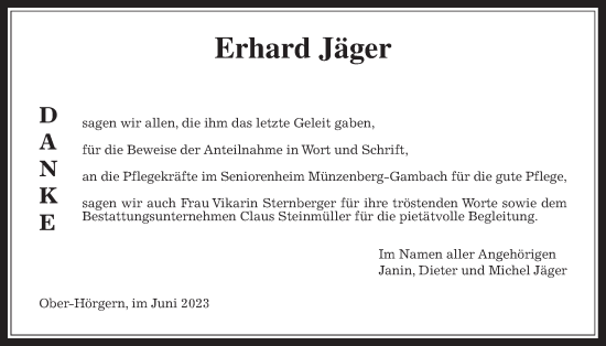 Traueranzeige von Erhard Jäger von Pohlheimer Nachrichten