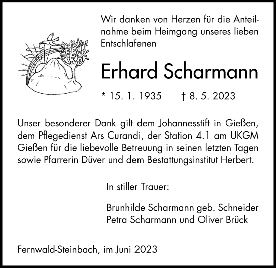 Traueranzeige von Erhard Scharmann von Giessener Allgemeine, Alsfelder Allgemeine