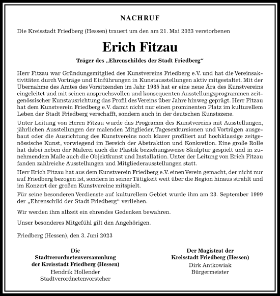 Traueranzeige von Erich Fitzau von Wetterauer Zeitung