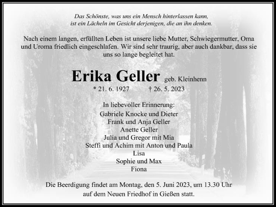 Traueranzeige von Erika Geller von Giessener Allgemeine, Alsfelder Allgemeine, Giessener Anzeiger