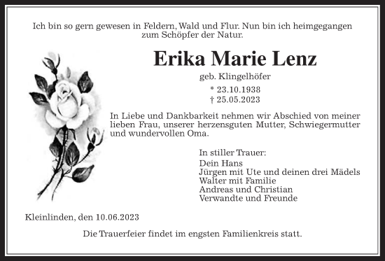 Traueranzeige von Erika Marie Lenz von Giessener Allgemeine, Giessener Anzeiger, Alsfelder Allgemeine
