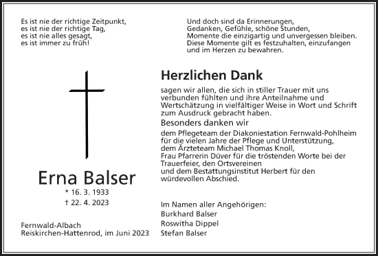 Traueranzeige von Erna Balser von Giessener Allgemeine, Alsfelder Allgemeine, Giessener Anzeiger