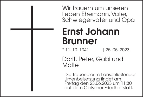 Traueranzeige von Ernst Johann Brunner von Giessener Allgemeine, Alsfelder Allgemeine