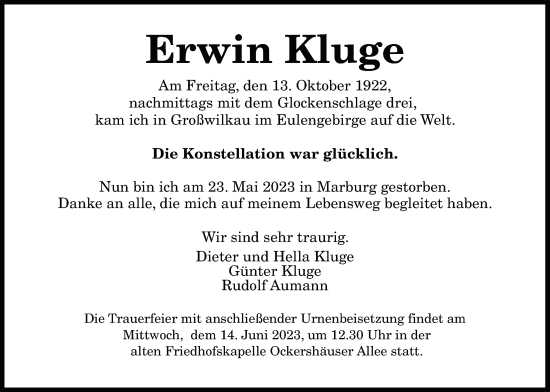 Traueranzeige von Erwin Kluge von Wetterauer Zeitung