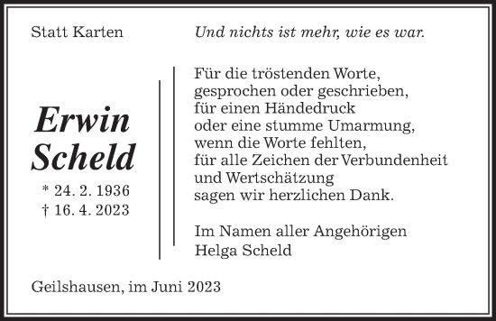 Traueranzeige von Erwin Scheld von Giessener Allgemeine, Alsfelder Allgemeine