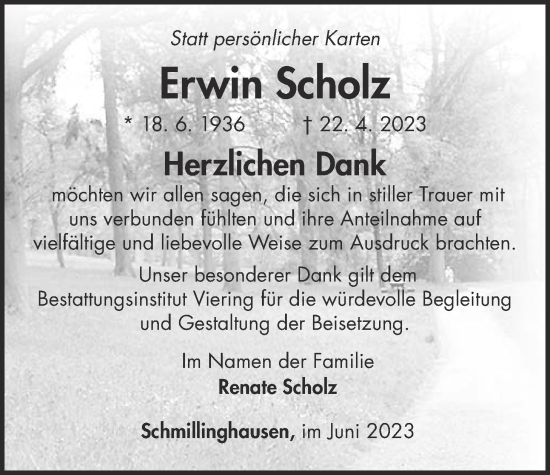 Traueranzeige von Erwin Scholz von Kreis-Anzeiger