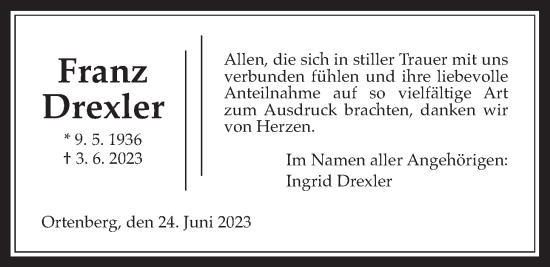 Traueranzeige von Franz Drexler von Wetterauer Zeitung, Kreis-Anzeiger