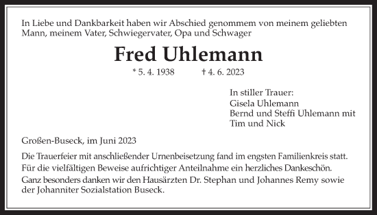 Traueranzeige von Fred Uhlemann von Giessener Allgemeine, Alsfelder Allgemeine