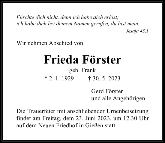 Traueranzeige von Frieda Förster von Giessener Allgemeine, Alsfelder Allgemeine, Giessener Anzeiger