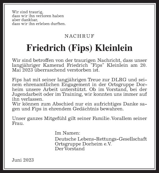 Traueranzeige von Friedrich Kleinlein von Wetterauer Zeitung