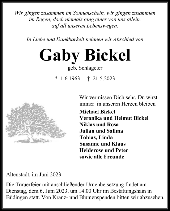 Traueranzeige von Gaby Bickel von Kreis-Anzeiger